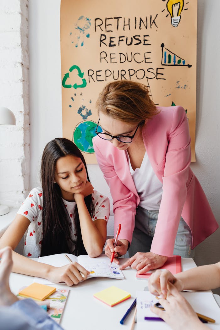 Teacher helps a student with a creative school project in an educational setting.
